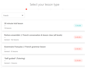 Screenshot of italki lesson types along with rates.