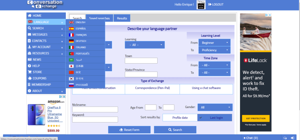 Conversation Exchange preferred language.