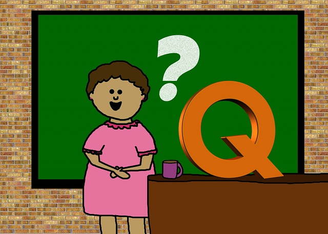 A teacher with a blackboard and a question mark behind her.