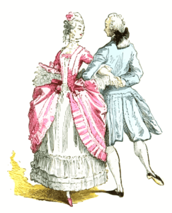 A man dressed in a green coat dancing with a woman dressed in pink and white.