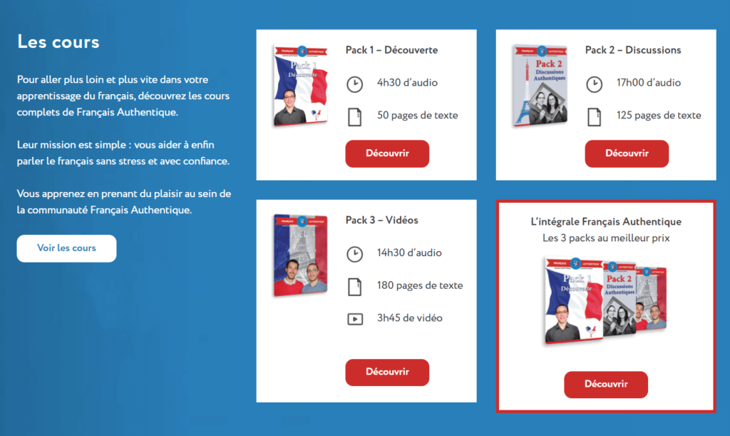 Courses offered on Français Authentique.