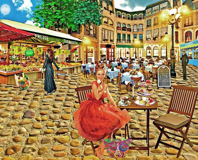 Painting of a woman in a red dress seated at a table in the middle of the street.