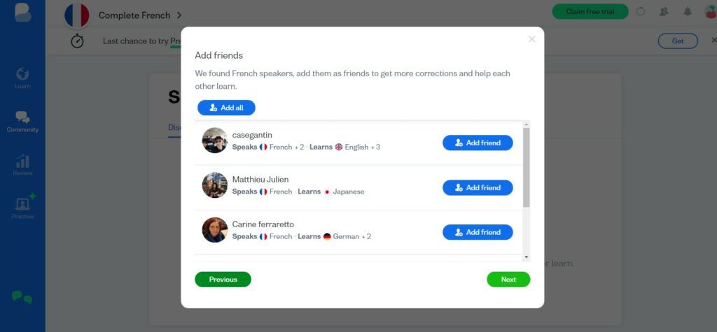 Screenshot of a French learning community.