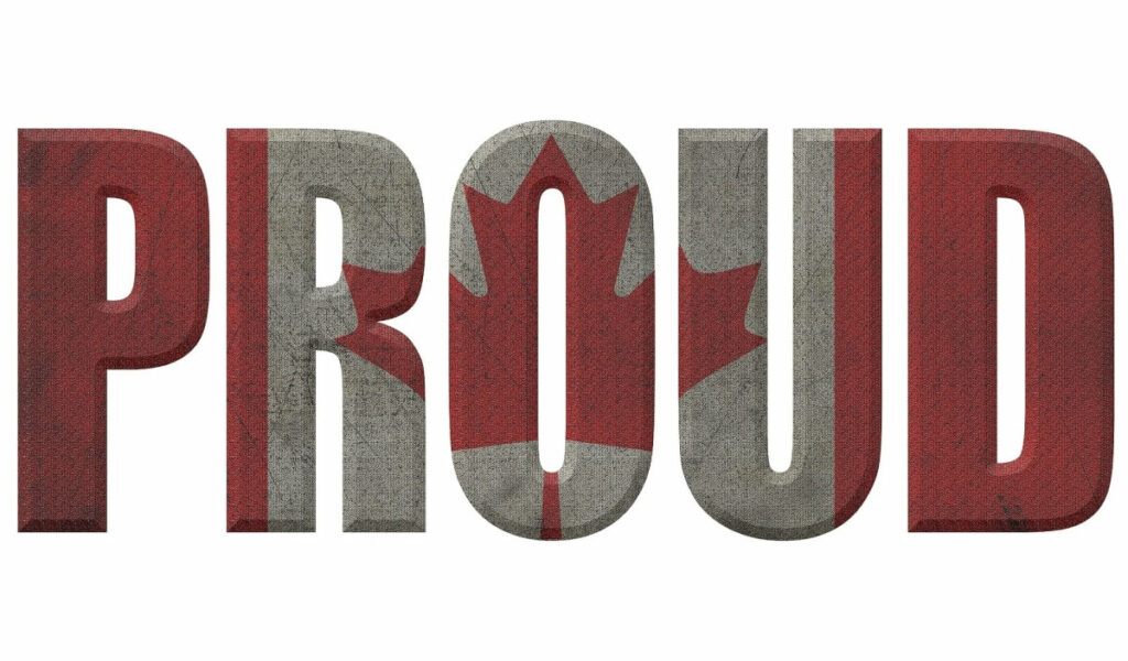 Letters spelling proud with a background of the Canadian flag.
